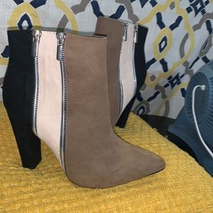 Black, tan and brown booties